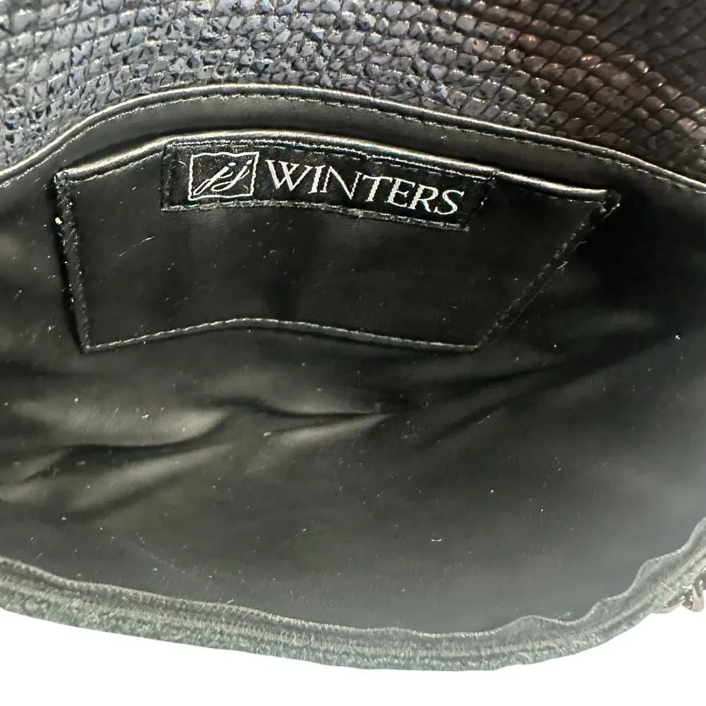 JJ Winters Black Faux Snakeskin Clutch Crossbody Bag w/Chain Strap Envelope Flap